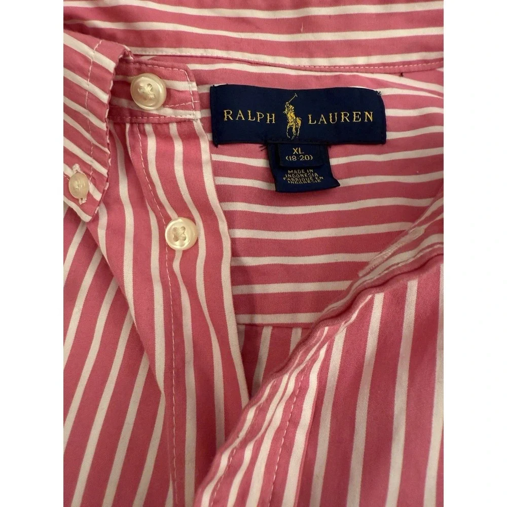 Ralph Lauren Shirt Boys Button Down XL (18-20) Pink White Striped Blue Pony Logo